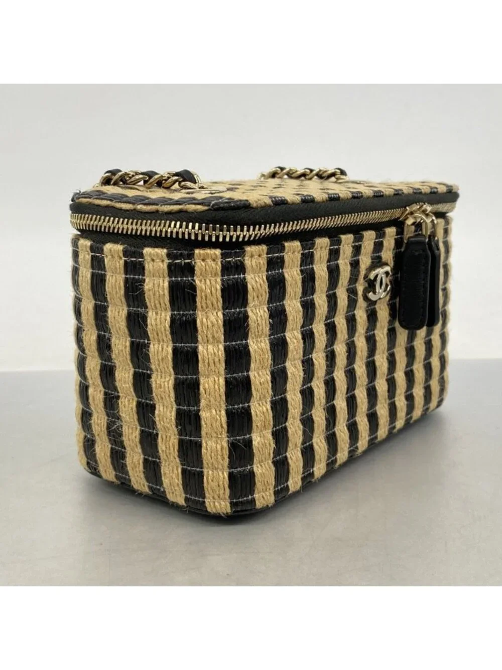 Chanel Shoulder Bag Raffia Beige Black Champagne Gold